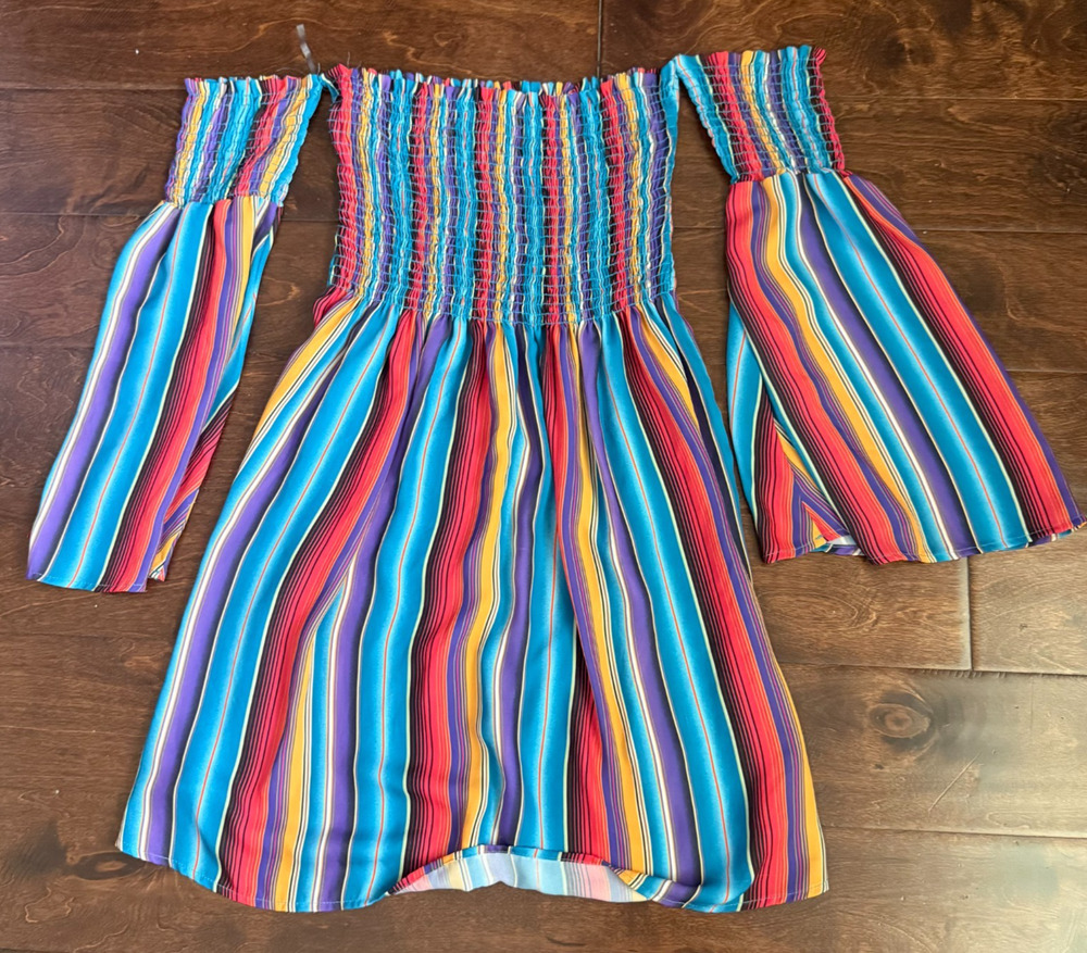 Berry N Cream Off The Shoulder Striped Mini Dress Festival Boho 3/4 Sleeve Med